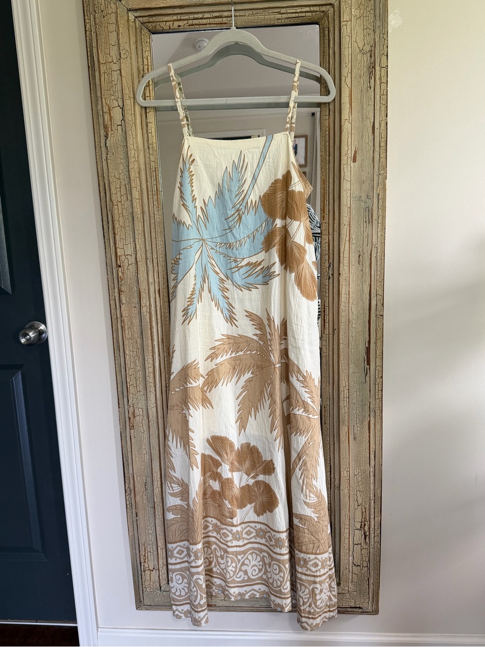 vestique Cream Midi Dress with Tan and Light Blue Palm Print